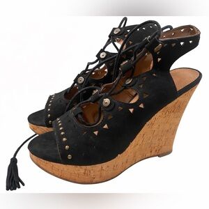 🖤 Eva & Zoe Black Lace-Up Cork Wedge Sandals 6.5 • Tassel Tie • Boho Chic